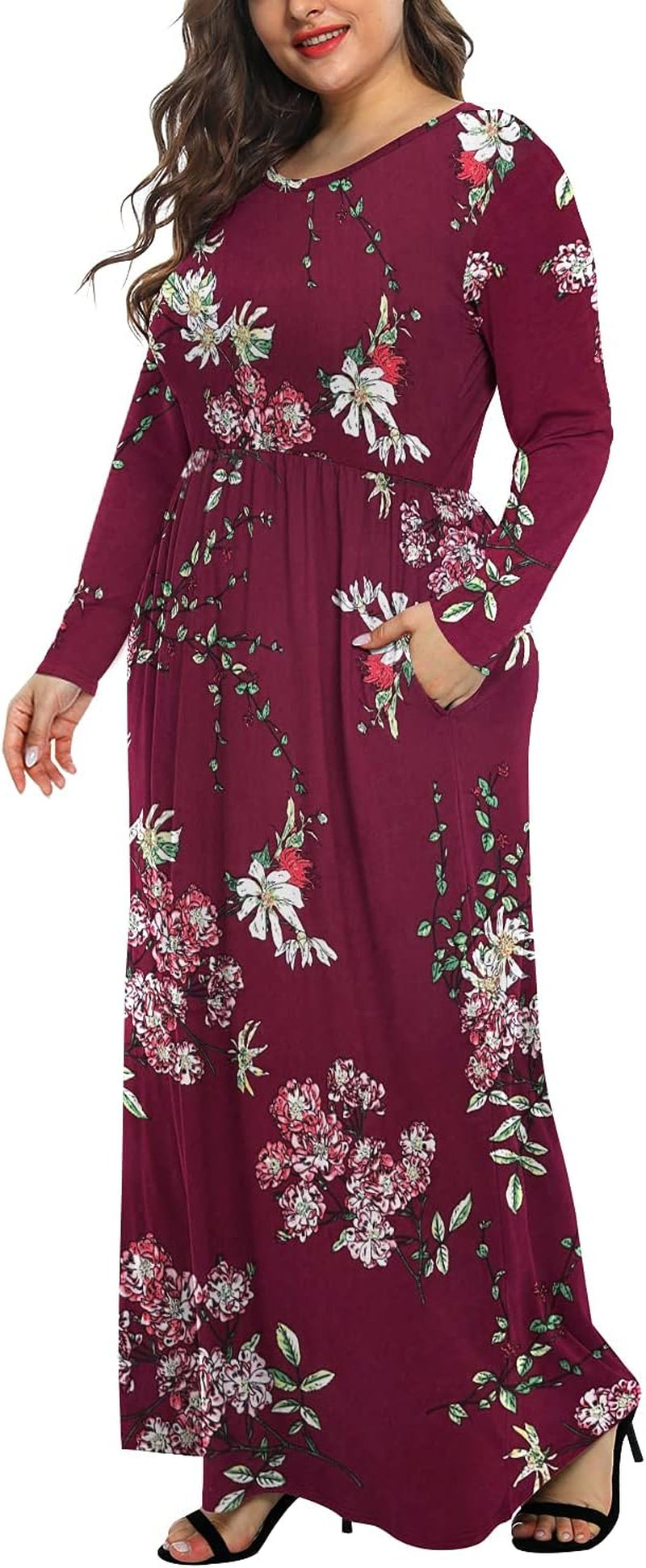 Women'S plus Size Long Sleeve Loose Plain Casual Long Maxi Dresses with Pockets