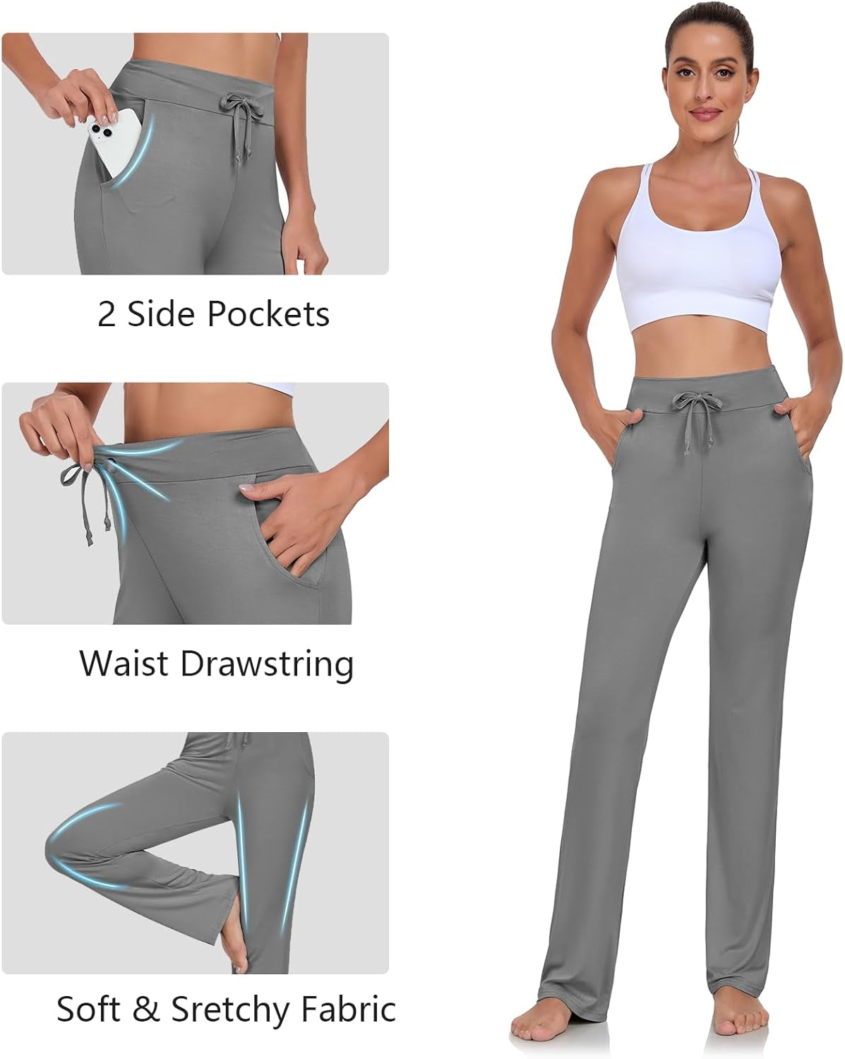 Womens Yoga Pants with Pockets Straight-Leg Loose Comfy Modal Drawstring Lounge Running Long Active Casual Sweatpants