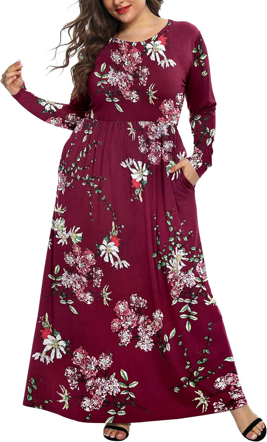 Women'S plus Size Long Sleeve Loose Plain Casual Long Maxi Dresses with Pockets